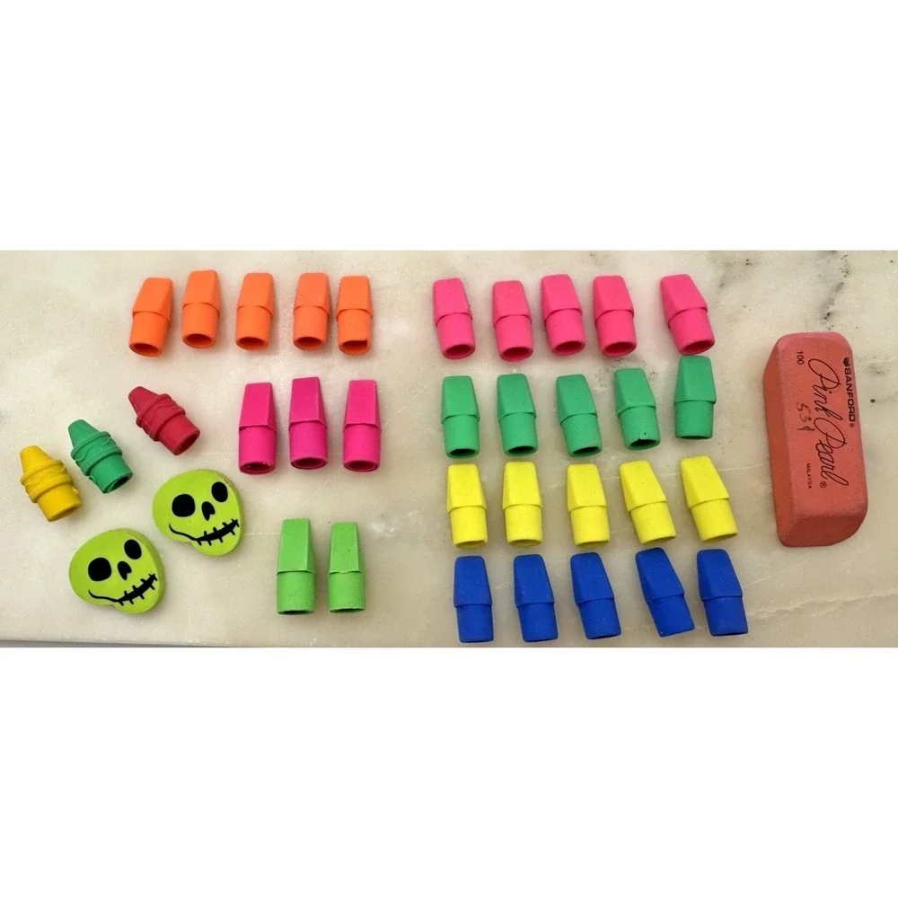Pencil Top Erasers Lot Teacher Reward Box Novelty Skull Crayon Erasers Pink Pear
